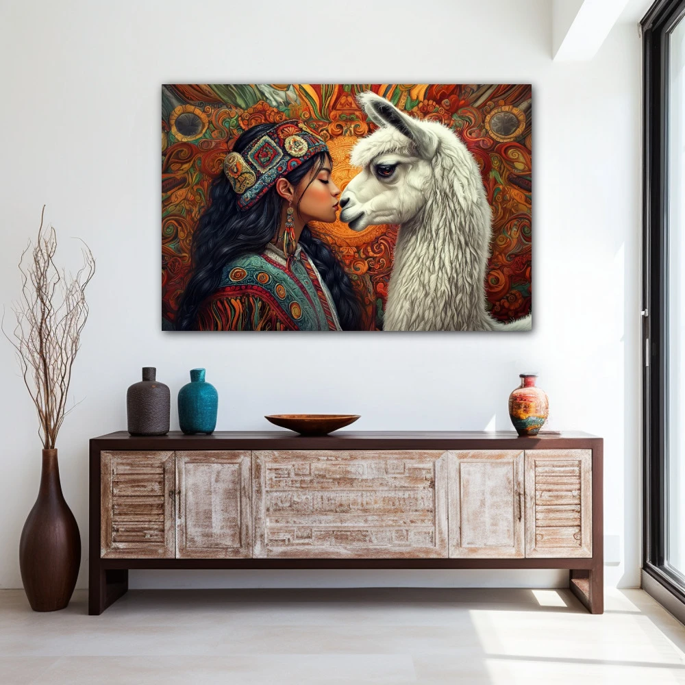 Wall Art titled: The Breath of the Andes in a Horizontal format with: white, Orange, and Red Colors; Decoration the Entryway wall