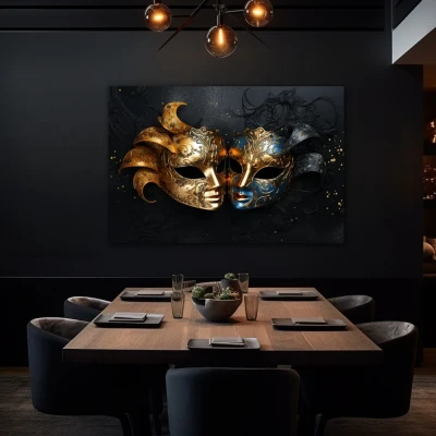 Wall Art titled: The 2 Faces of Truth in a  format with: Blue, Golden, and Black Colors; Decoration the Black Walls wall