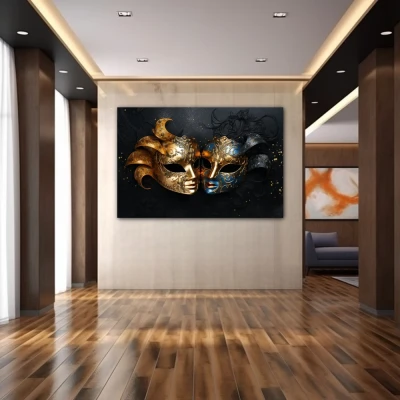 Wall Art titled: The 2 Faces of Truth in a  format with: Blue, Golden, and Black Colors; Decoration the Hallway wall