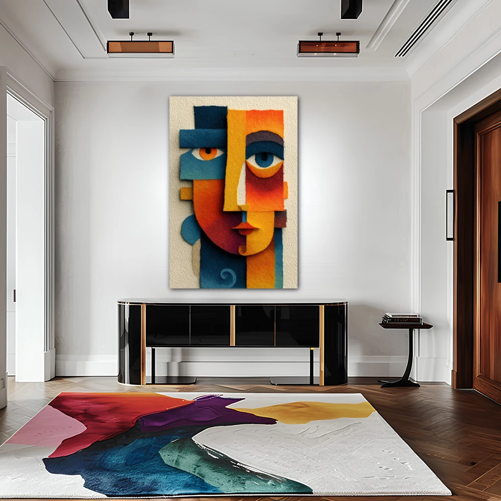 Wall Art titled: Mystical Abstract in a Vertical format with: Blue, Orange, and Vivid Colors; Decoration the Sideboard wall