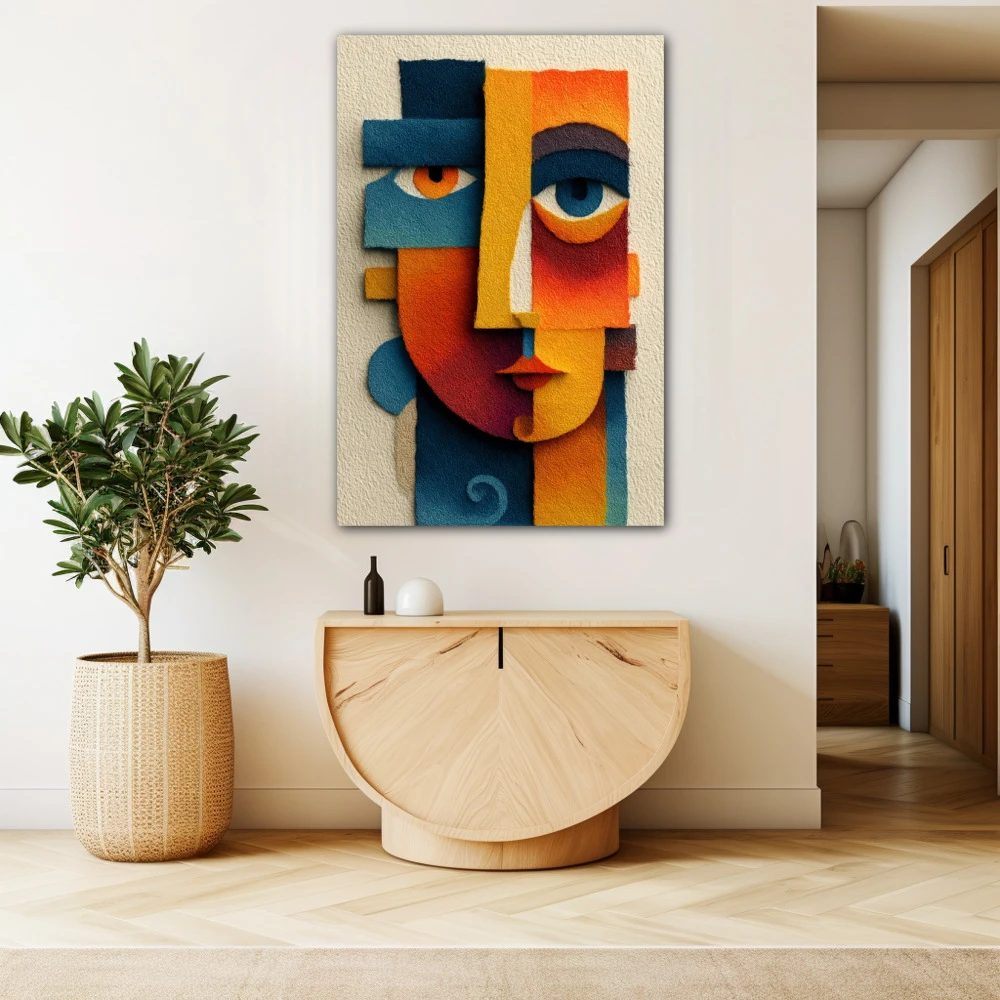 Wall Art titled: Mystical Abstract in a Vertical format with: Blue, Orange, and Vivid Colors; Decoration the Beige Wall wall