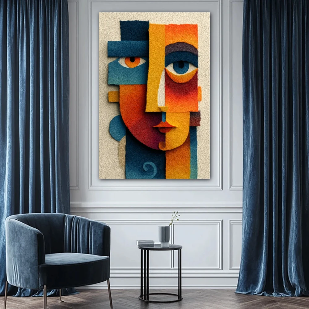 Wall Art titled: Mystical Abstract in a Vertical format with: Blue, Orange, and Vivid Colors; Decoration the White Wall wall
