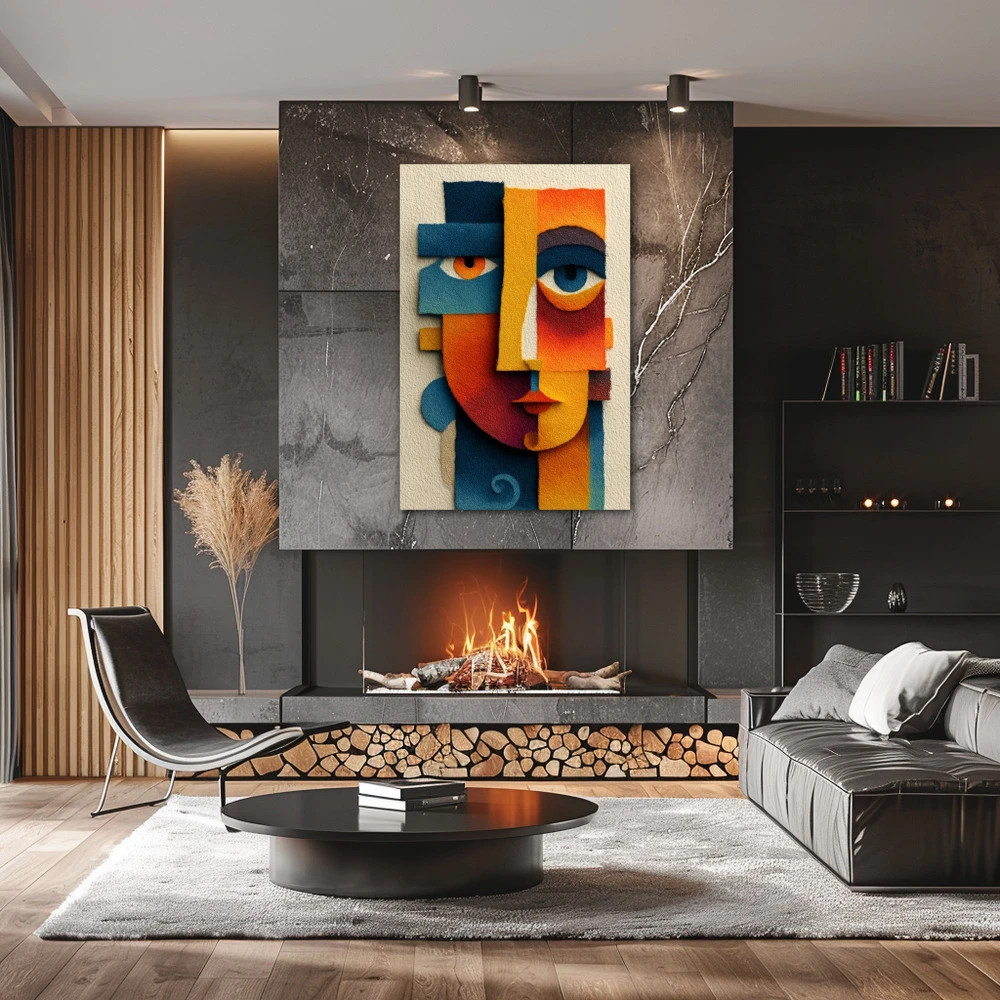 Wall Art titled: Mystical Abstract in a Vertical format with: Blue, Orange, and Vivid Colors; Decoration the Fireplace wall