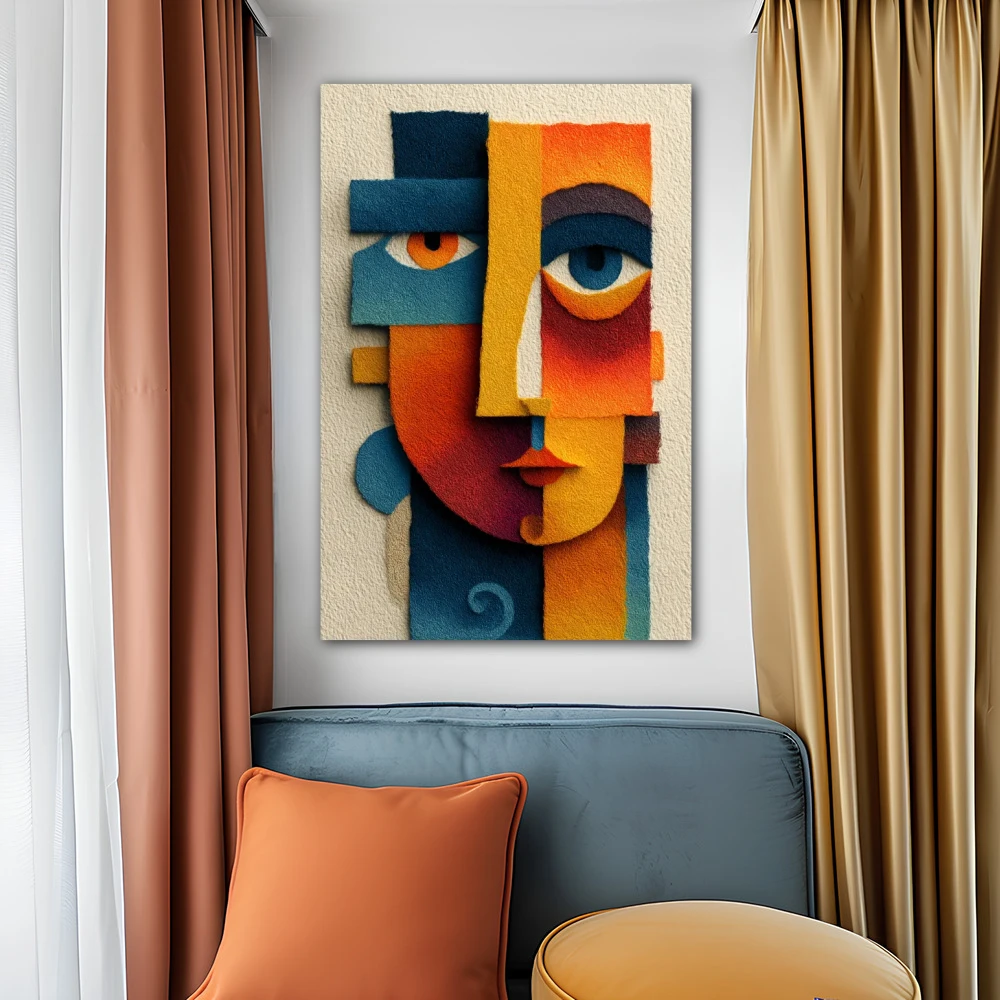 Wall Art titled: Mystical Abstract in a Vertical format with: Blue, Orange, and Vivid Colors; Decoration the Above Couch wall