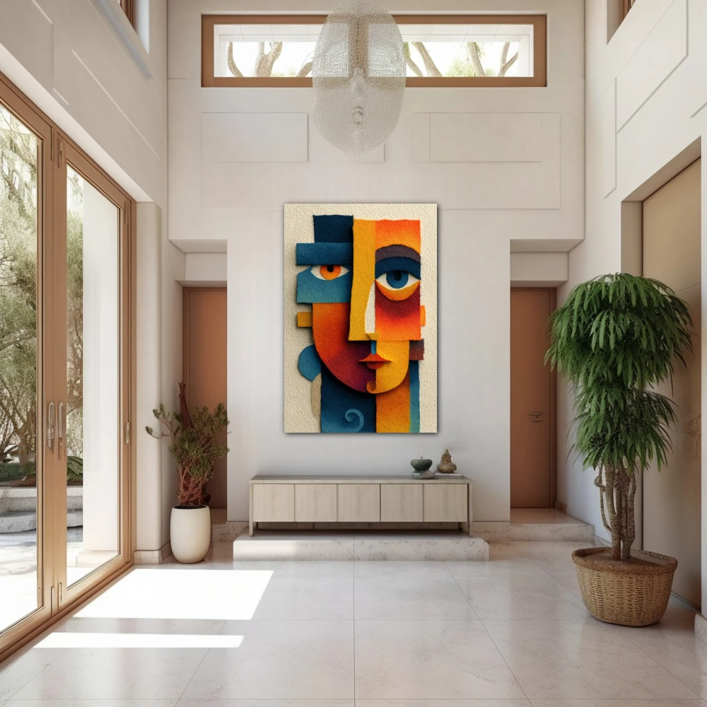 Wall Art titled: Mystical Abstract in a Vertical format with: Blue, Orange, and Vivid Colors; Decoration the Entryway wall