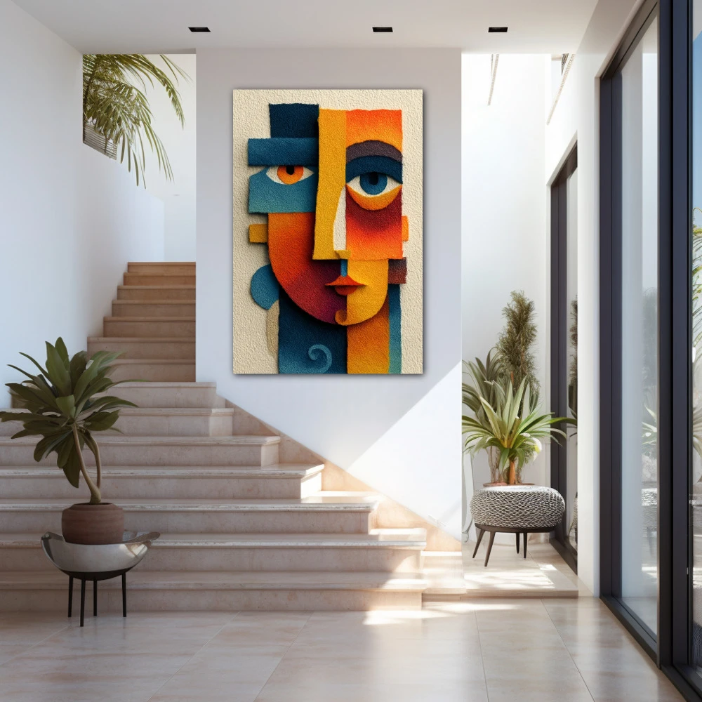 Wall Art titled: Mystical Abstract in a Vertical format with: Blue, Orange, and Vivid Colors; Decoration the Staircase wall