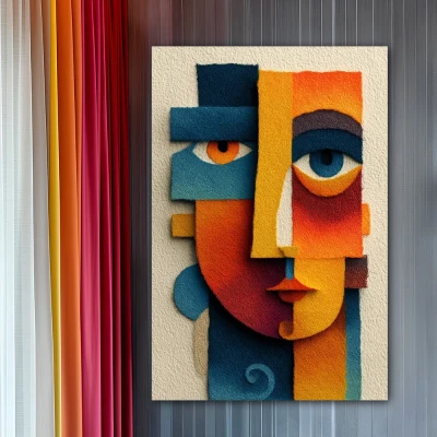 Cuadro Mística Abstracta en formato vertical con colores Azul, Naranja, Vivos; Decorando Pared gris