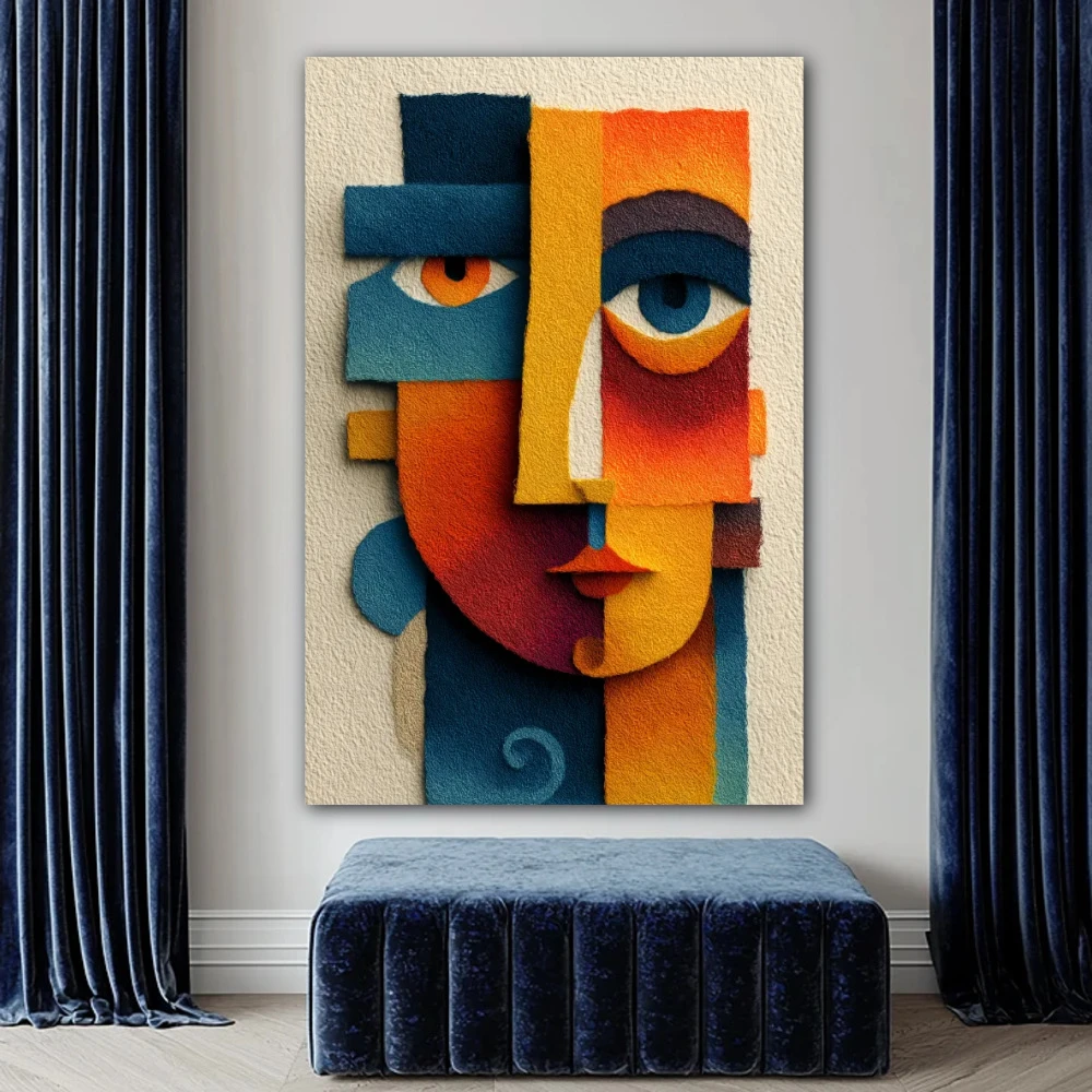 Wall Art titled: Mystical Abstract in a Vertical format with: Blue, Orange, and Vivid Colors; Decoration the Bedroom wall