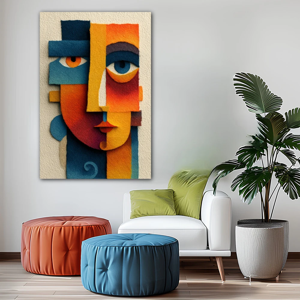 Wall Art titled: Mystical Abstract in a Vertical format with: Blue, Orange, and Vivid Colors; Decoration the Office wall