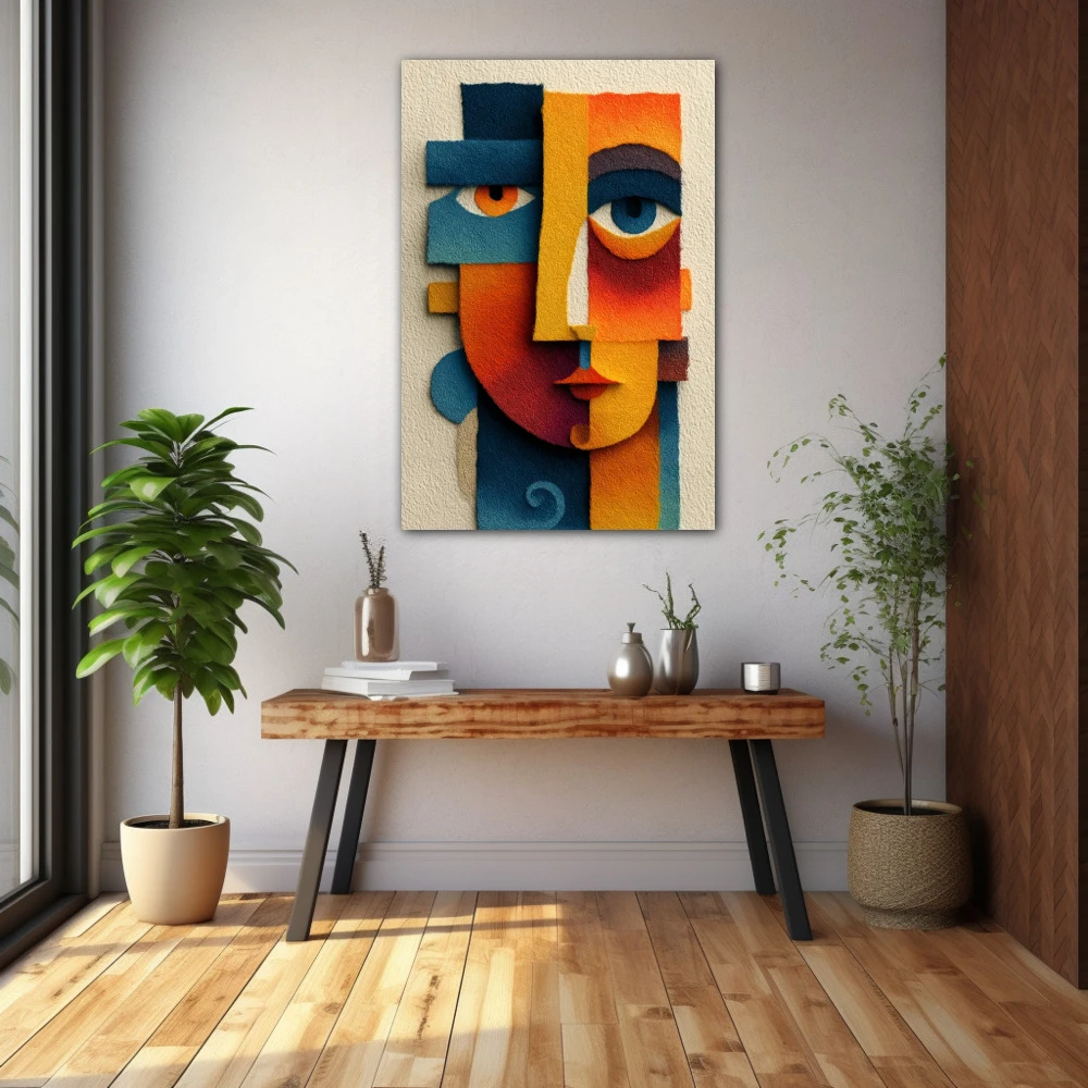 Wall Art titled: Mystical Abstract in a Vertical format with: Blue, Orange, and Vivid Colors; Decoration the Hallway wall