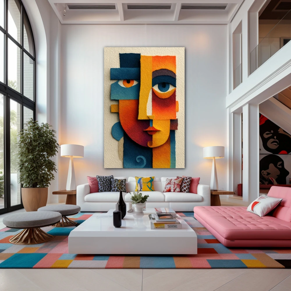 Wall Art titled: Mystical Abstract in a Vertical format with: Blue, Orange, and Vivid Colors; Decoration the Living Room wall