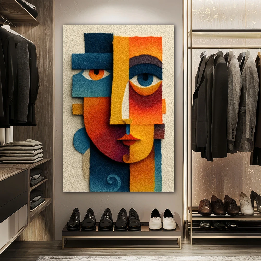 Wall Art titled: Mystical Abstract in a Vertical format with: Blue, Orange, and Vivid Colors; Decoration the Dressing Room wall