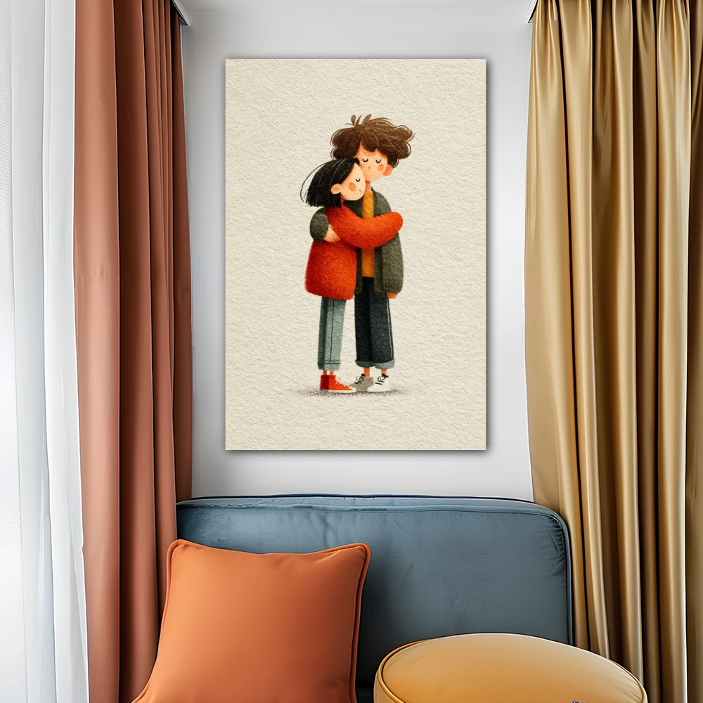 Wall Art titled: One Plus One, One in a Vertical format with: white, Orange, and Green Colors; Decoration the Above Couch wall