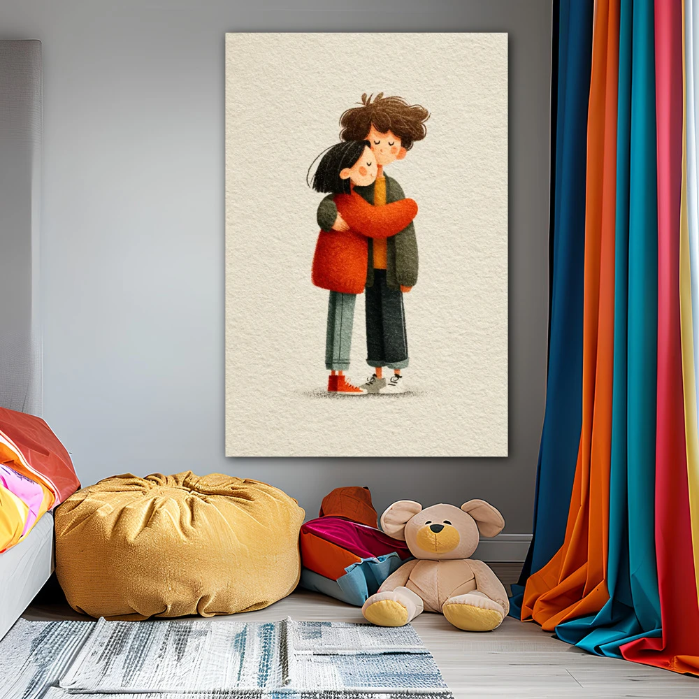Cuadro uno más uno, uno en formato vertical con colores blanco, naranja, verde; decorando pared gris