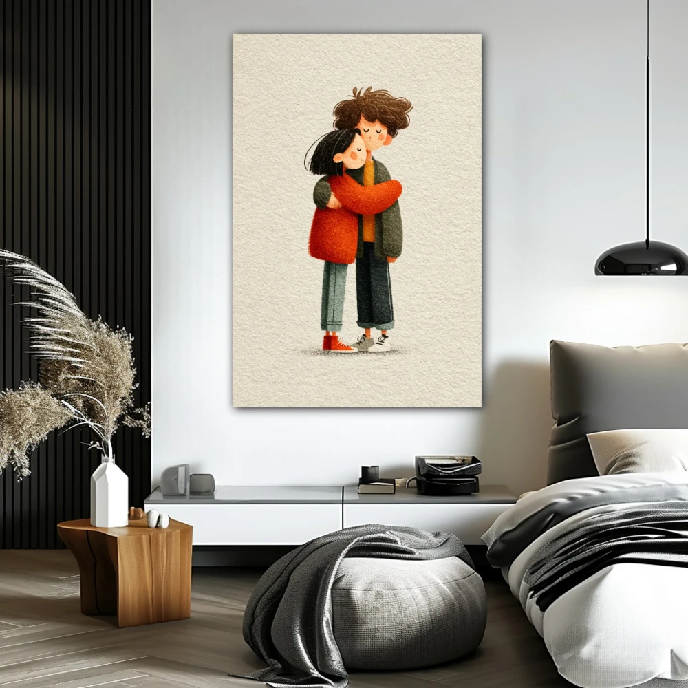 Wall Art titled: One Plus One, One in a Vertical format with: white, Orange, and Green Colors; Decoration the Bedroom wall