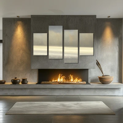Cuadro la bruma en formato políptico con colores gris, monocromático; decorando pared de chimenea