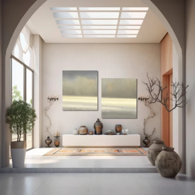 Cuadro la bruma en formato díptico con colores gris, monocromático; decorando pared de entrada y recibidor