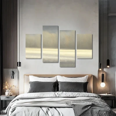 Cuadro la bruma en formato políptico con colores gris, monocromático; decorando pared de habitación dormitorio