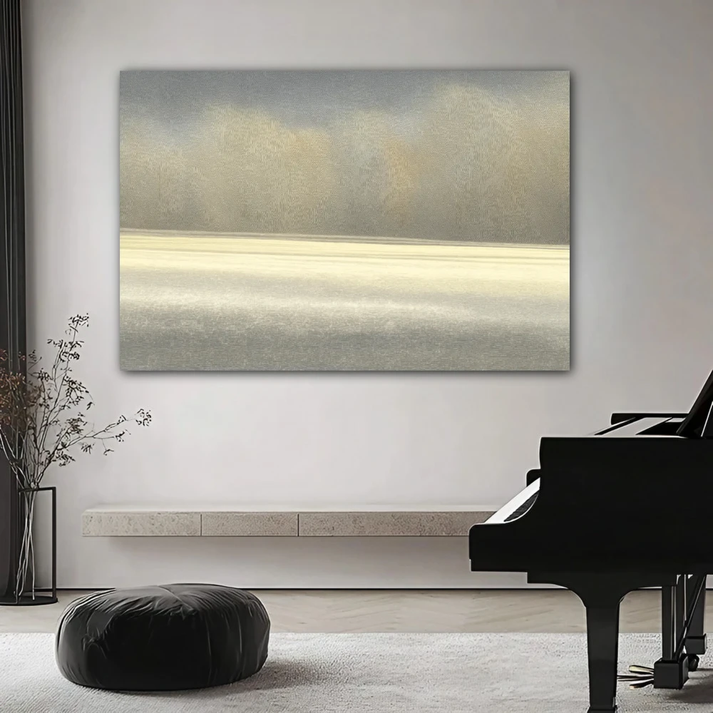 Cuadro la bruma en formato horizontal con colores gris, monocromático; decorando pared de salón comedor