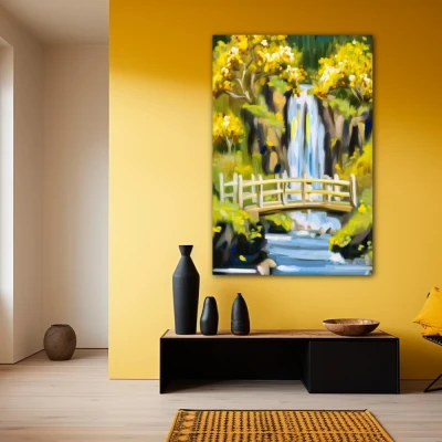 Cuadro el eco del sosiego en formato vertical con colores amarillo, verde; decorando pared amarilla