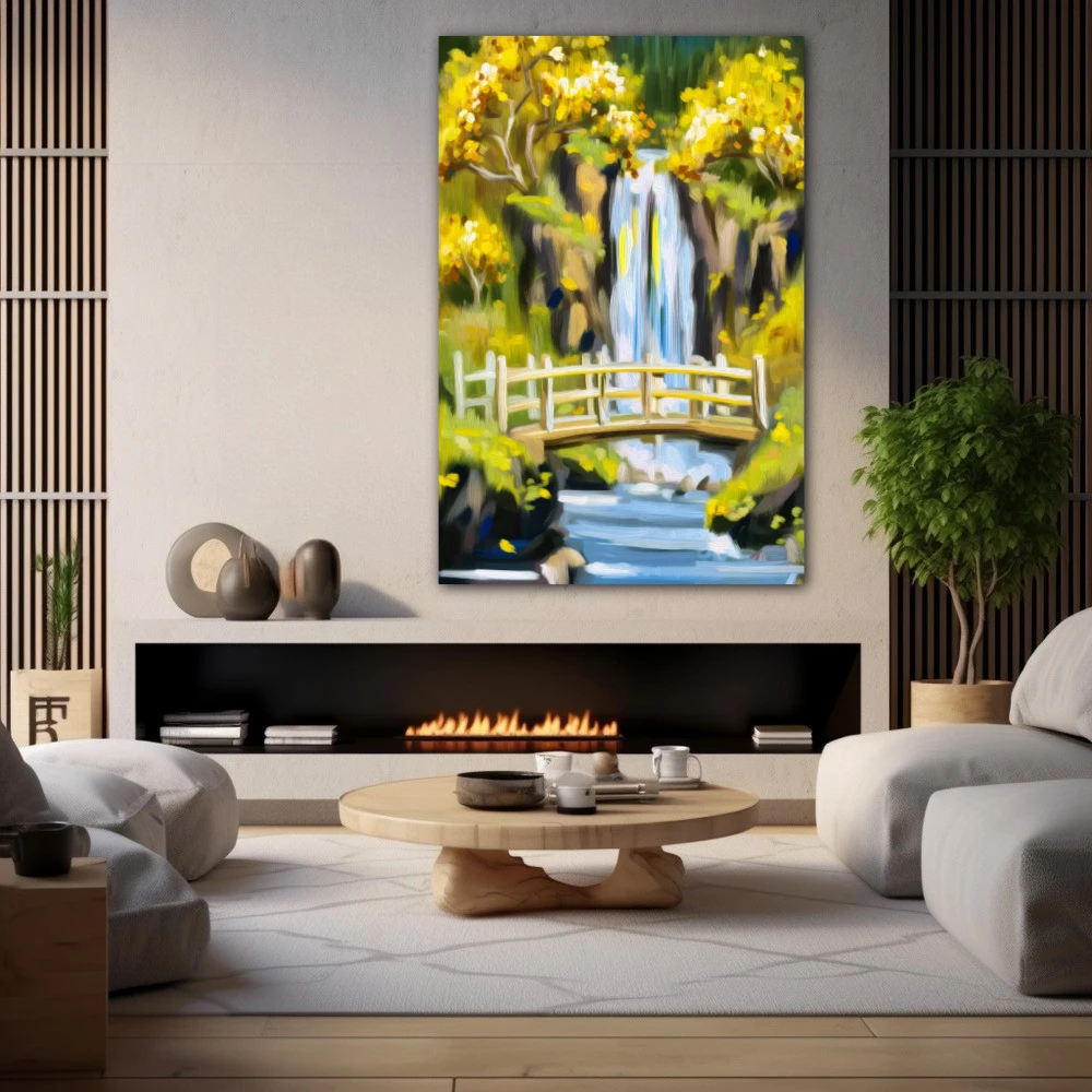Wall Art titled: The Echo of Tranquility in a Vertical format with: Yellow, and Green Colors; Decoration the Fireplace wall