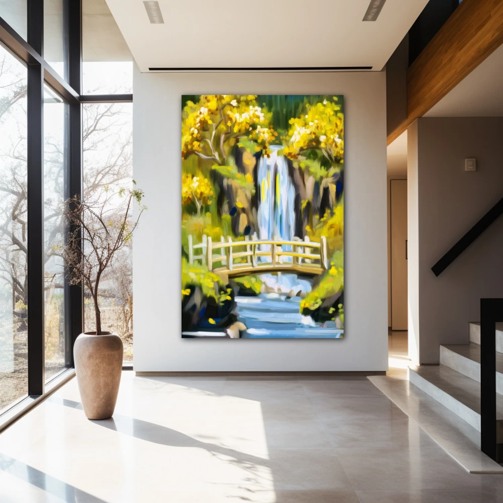 Wall Art titled: The Echo of Tranquility in a Vertical format with: Yellow, and Green Colors; Decoration the Entryway wall