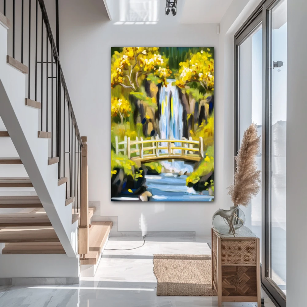 Wall Art titled: The Echo of Tranquility in a Vertical format with: Yellow, and Green Colors; Decoration the Staircase wall