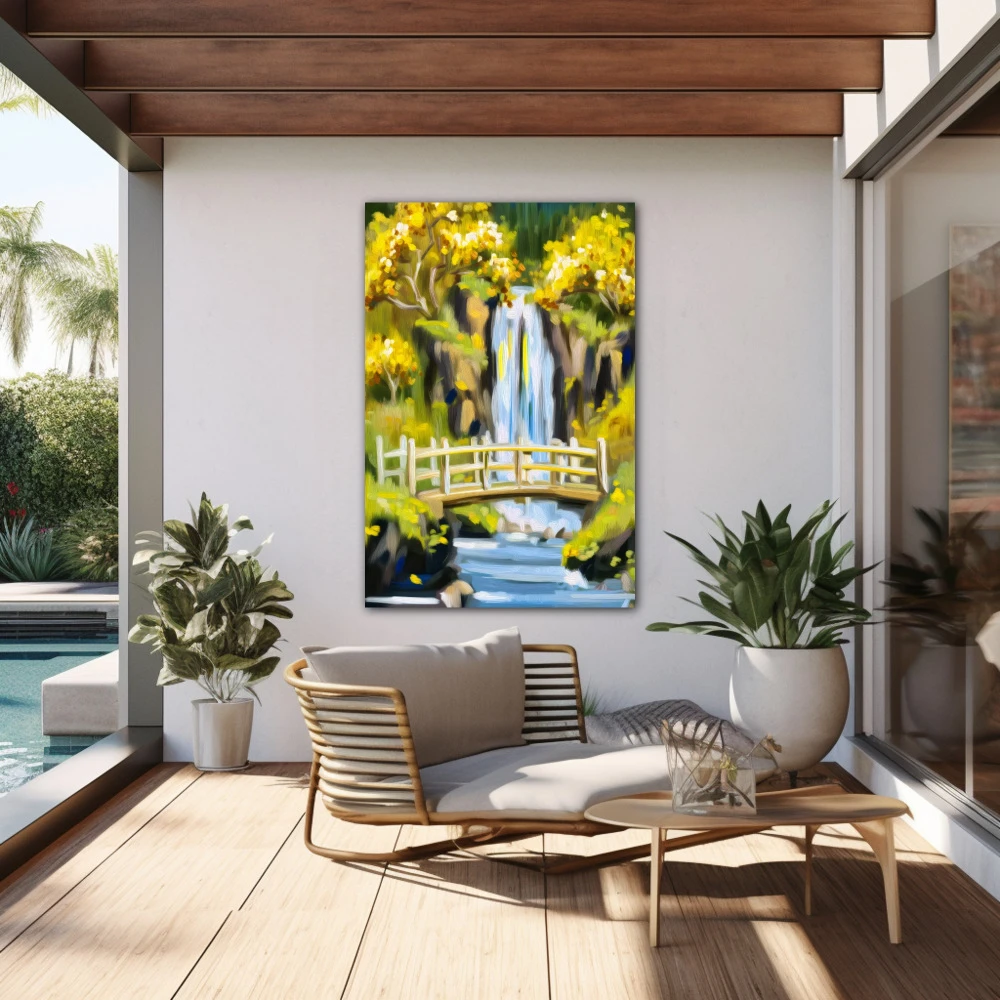 Wall Art titled: The Echo of Tranquility in a Vertical format with: Yellow, and Green Colors; Decoration the Outdoor wall