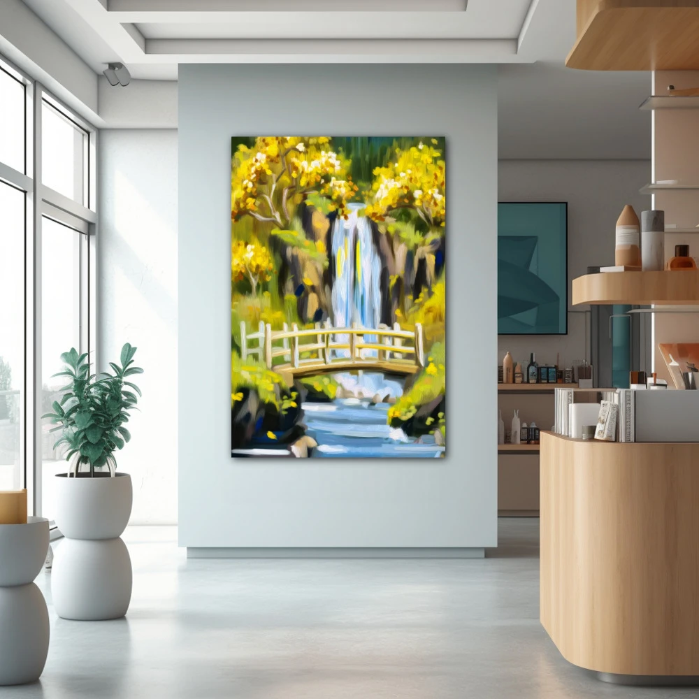 Wall Art titled: The Echo of Tranquility in a Vertical format with: Yellow, and Green Colors; Decoration the Pharmacy wall