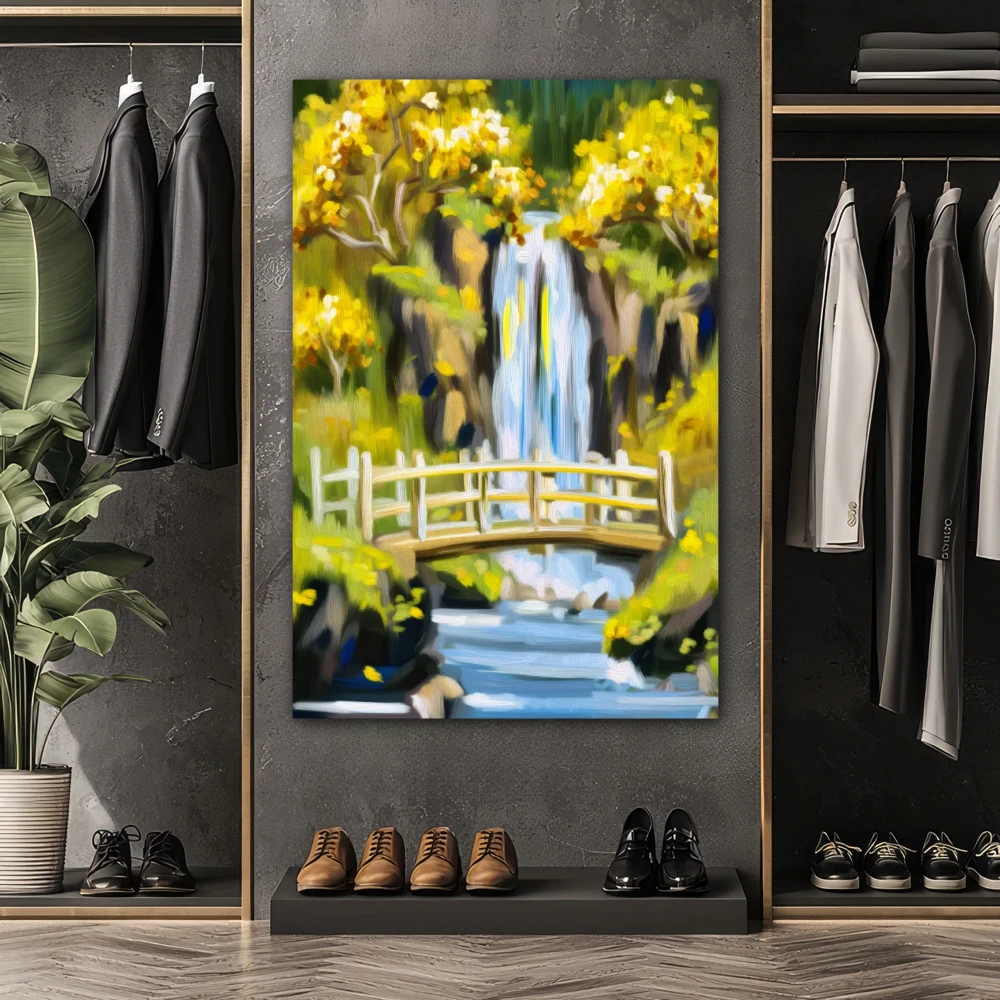 Wall Art titled: The Echo of Tranquility in a Vertical format with: Yellow, and Green Colors; Decoration the Dressing Room wall