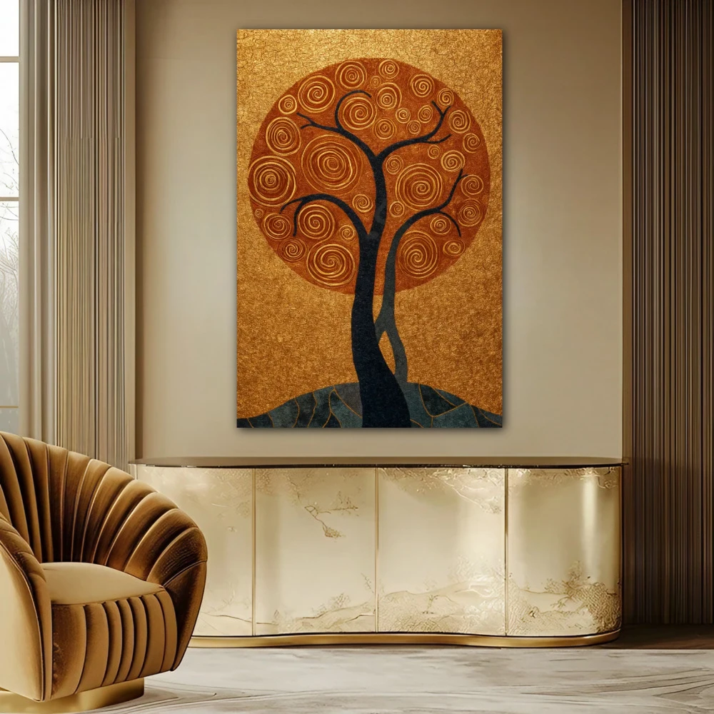 Wall Art titled: Where Life Vibrates in a Vertical format with: Golden, and Grey Colors; Decoration the Sideboard wall