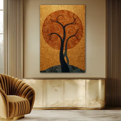 Cuadro Donde Vibra la Vida en formato vertical con colores Dorado, Gris; Decorando pared de Aparador Cuadro Donde Vibra la Vida en formato vertical con colores Dorado, Gris; Decorando pared de Aparador
