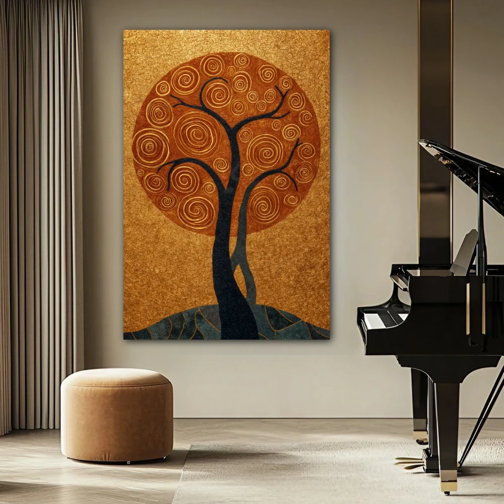 Wall Art titled: Where Life Vibrates in a Vertical format with: Golden, and Grey Colors; Decoration the Beige Wall wall