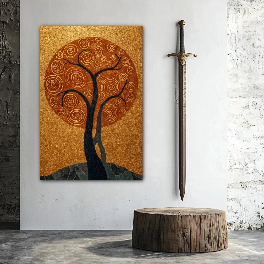Wall Art titled: Where Life Vibrates in a Vertical format with: Golden, and Grey Colors; Decoration the White Wall wall