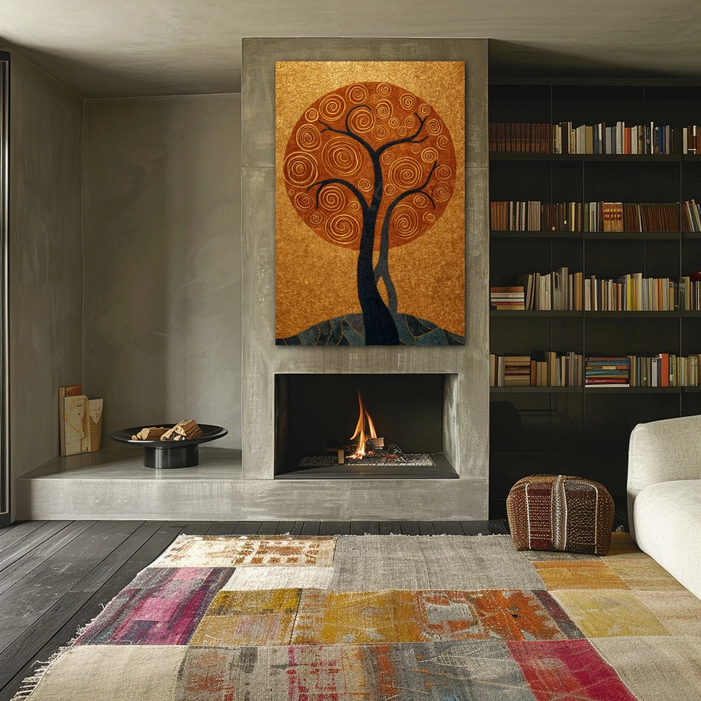 Wall Art titled: Where Life Vibrates in a Vertical format with: Golden, and Grey Colors; Decoration the Fireplace wall