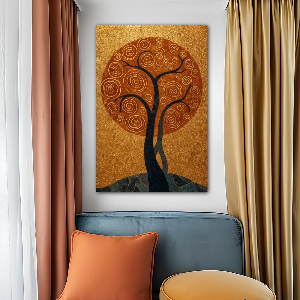 Wall Art titled: Where Life Vibrates in a Vertical format with: Golden, and Grey Colors; Decoration the Above Couch wall