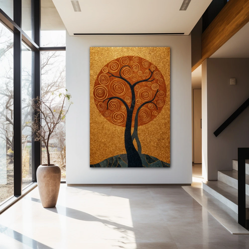 Wall Art titled: Where Life Vibrates in a Vertical format with: Golden, and Grey Colors; Decoration the Entryway wall