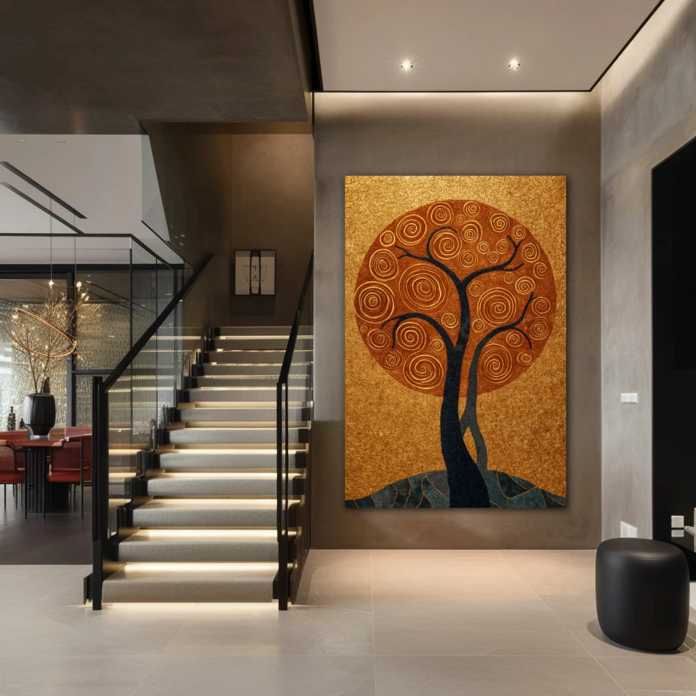 Wall Art titled: Where Life Vibrates in a Vertical format with: Golden, and Grey Colors; Decoration the Staircase wall