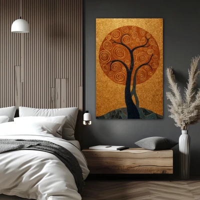 Cuadro donde vibra la vida en formato vertical con colores dorado, gris; decorando pared de habitación dormitorio