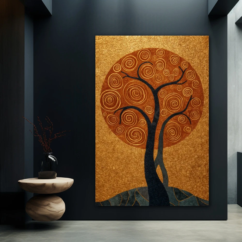 Cuadro donde vibra la vida en formato vertical con colores dorado, gris; decorando pared negra