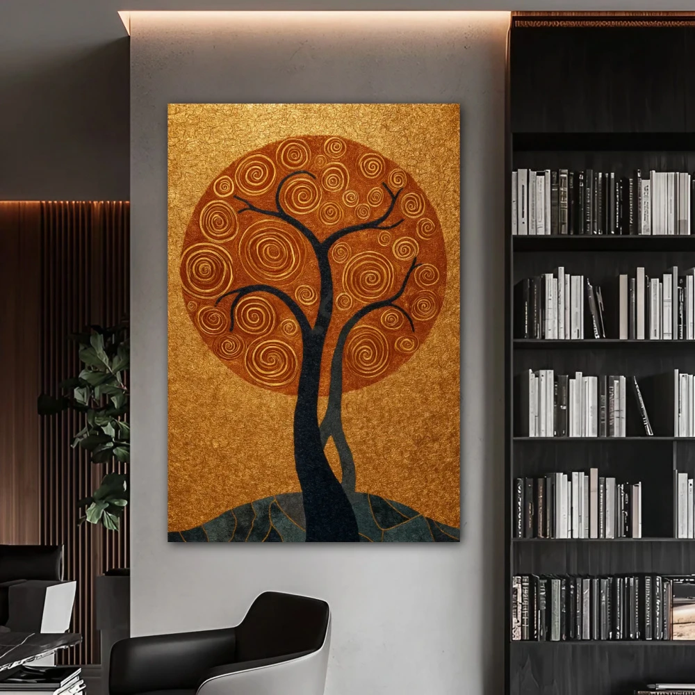 Wall Art titled: Where Life Vibrates in a Vertical format with: Golden, and Grey Colors; Decoration the Office wall