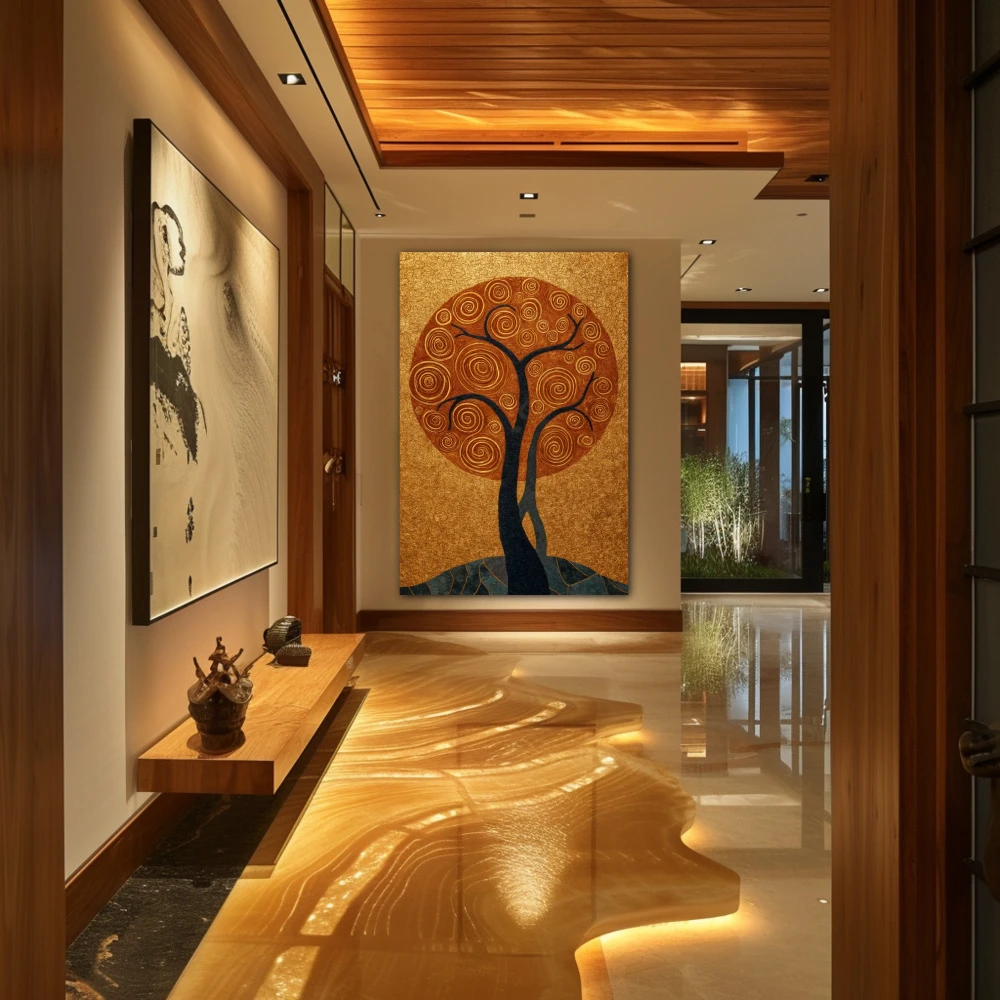 Wall Art titled: Where Life Vibrates in a Vertical format with: Golden, and Grey Colors; Decoration the Hallway wall