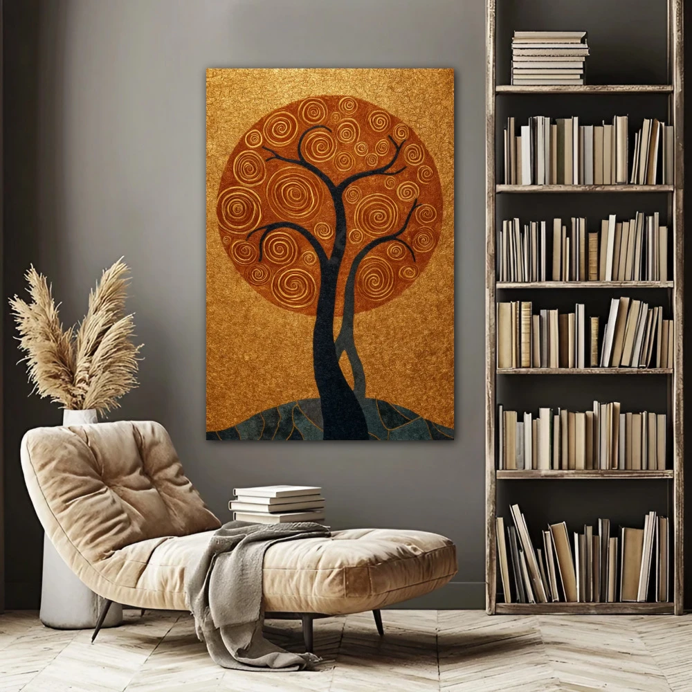Wall Art titled: Where Life Vibrates in a Vertical format with: Golden, and Grey Colors; Decoration the Living Room wall
