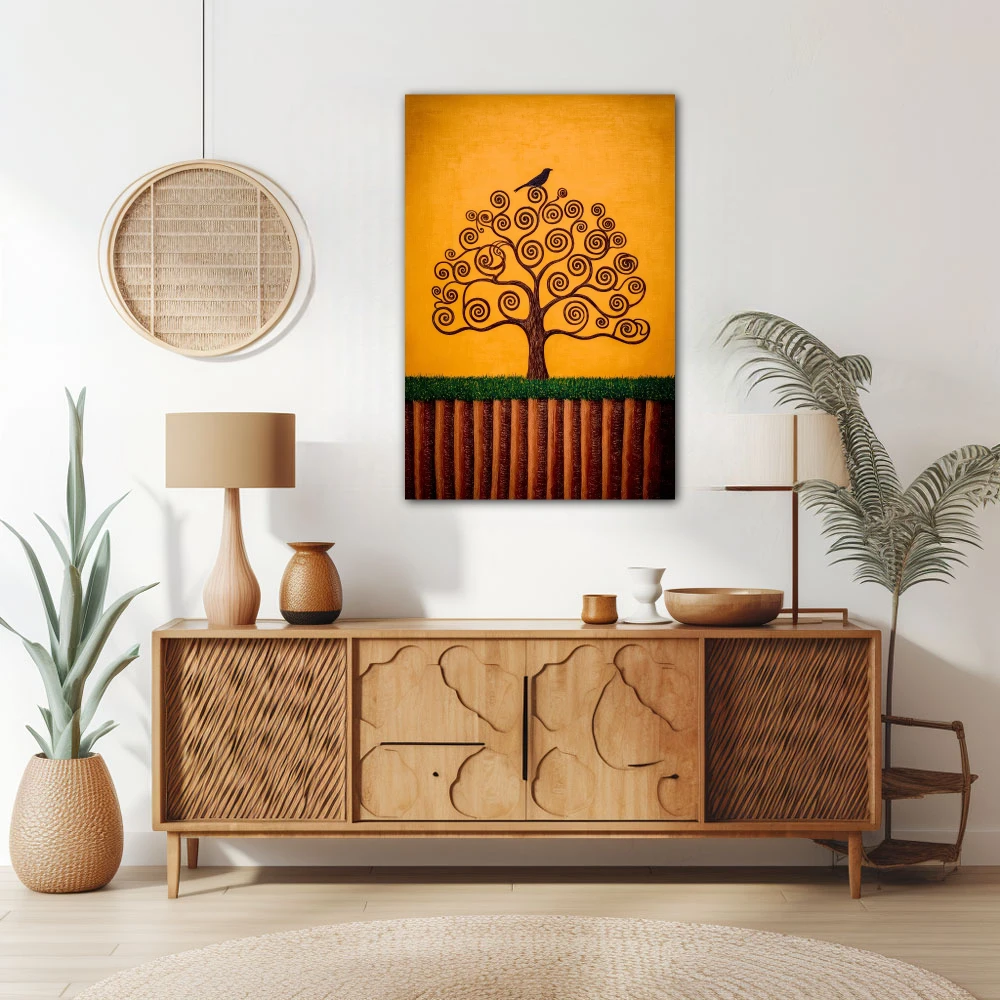 Wall Art titled: Seed of Dreams in a Vertical format with: Mustard, and Orange Colors; Decoration the Sideboard wall