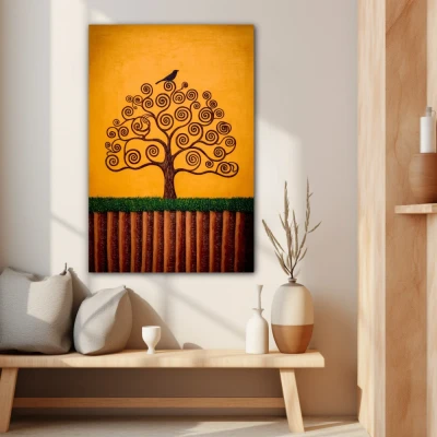 Cuadro semilla de los sueños en formato vertical con colores mostaza, naranja; decorando pared beige