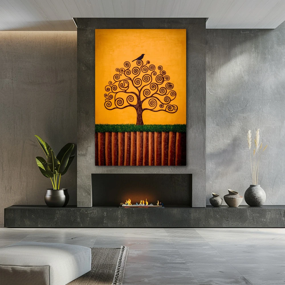 Wall Art titled: Seed of Dreams in a Vertical format with: Mustard, and Orange Colors; Decoration the Fireplace wall