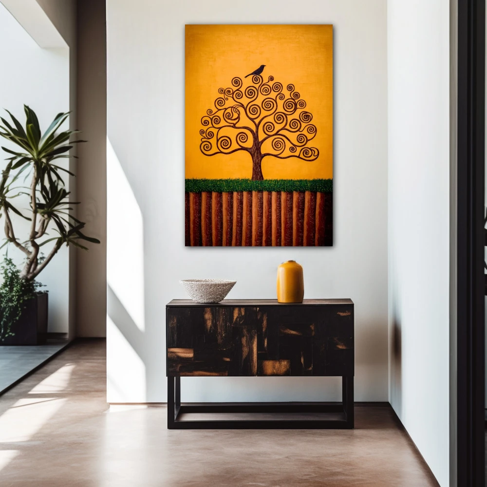 Wall Art titled: Seed of Dreams in a Vertical format with: Mustard, and Orange Colors; Decoration the Entryway wall