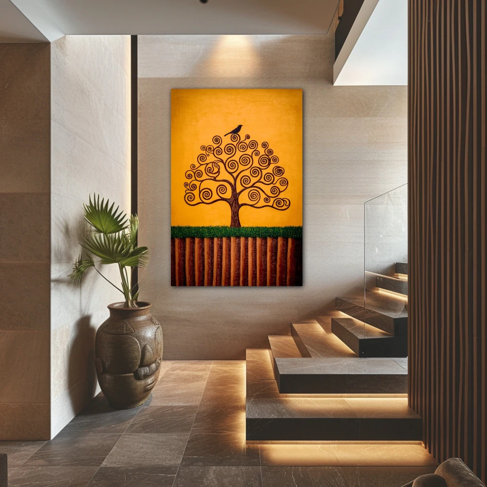 Wall Art titled: Seed of Dreams in a Vertical format with: Mustard, and Orange Colors; Decoration the Staircase wall