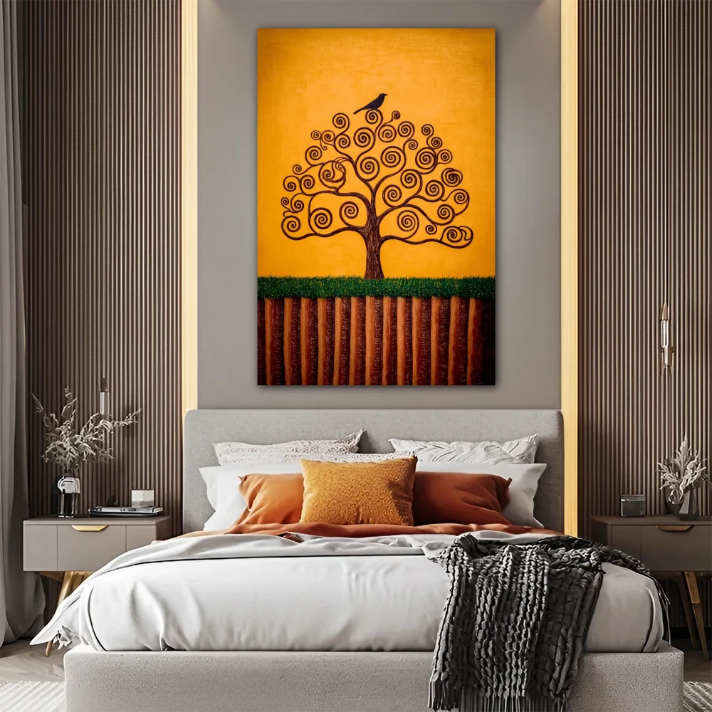 Wall Art titled: Seed of Dreams in a Vertical format with: Mustard, and Orange Colors; Decoration the Bedroom wall