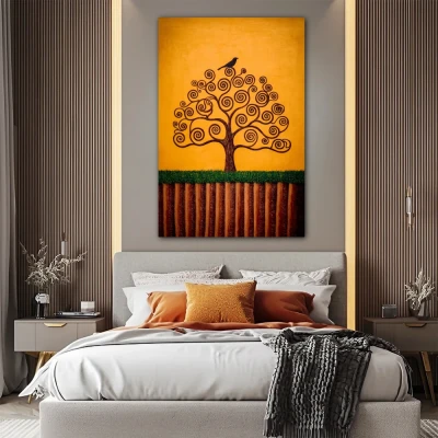 Cuadro semilla de los sueños en formato vertical con colores mostaza, naranja; decorando pared de habitación dormitorio